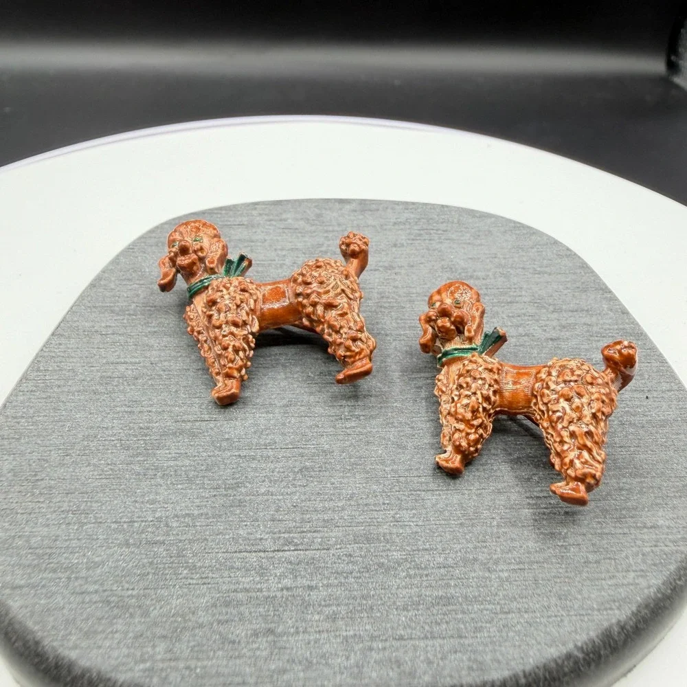 Vintage Pair Enamel Poodle Dog Brooch Pins Brown Green Figural Costume Jewelry